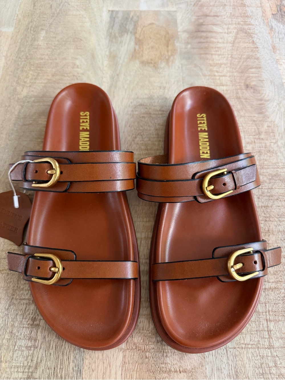 Steve Madden Tan Brown Double Strap Buckle Slide Sandals